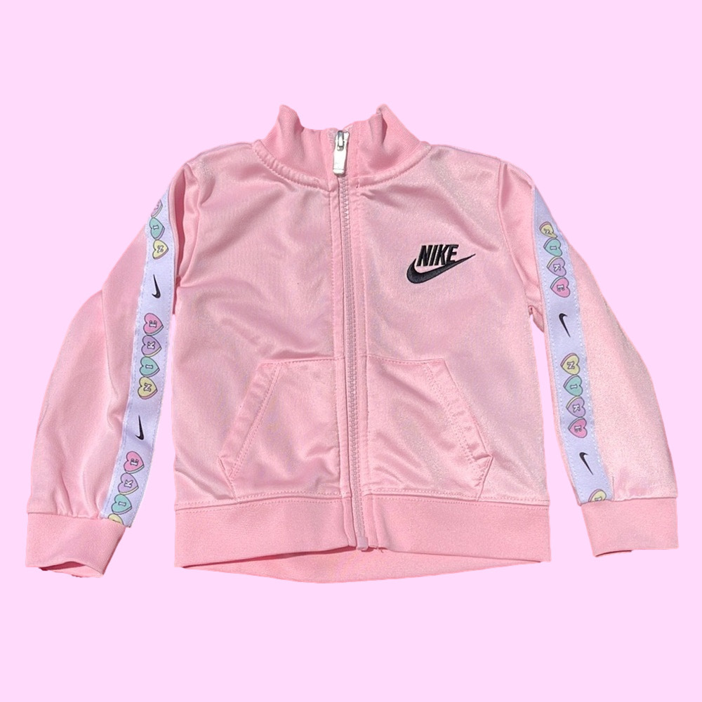 Girls Nike Pink Track Jacket Full Zip Lightweight with Hearts on Sleeve